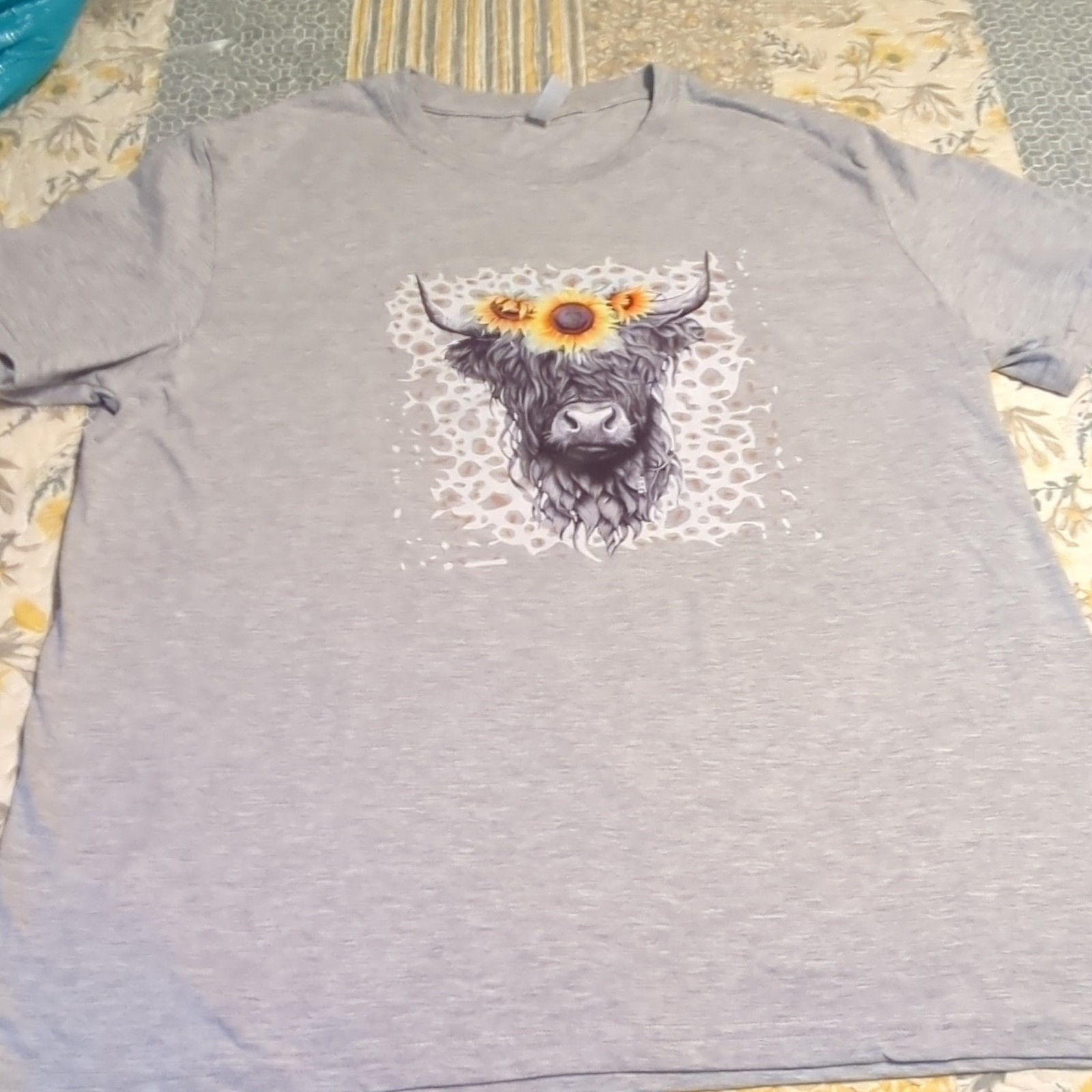 Gray Highland Cow Sunflower Graphic Print Unisex Cotton Crew Neck T-Shirt XL
