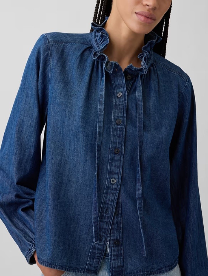 NWT Gap Relaxed Denim Blouse, M, Dark Wash, Ruffle Neck, Button Front, Western