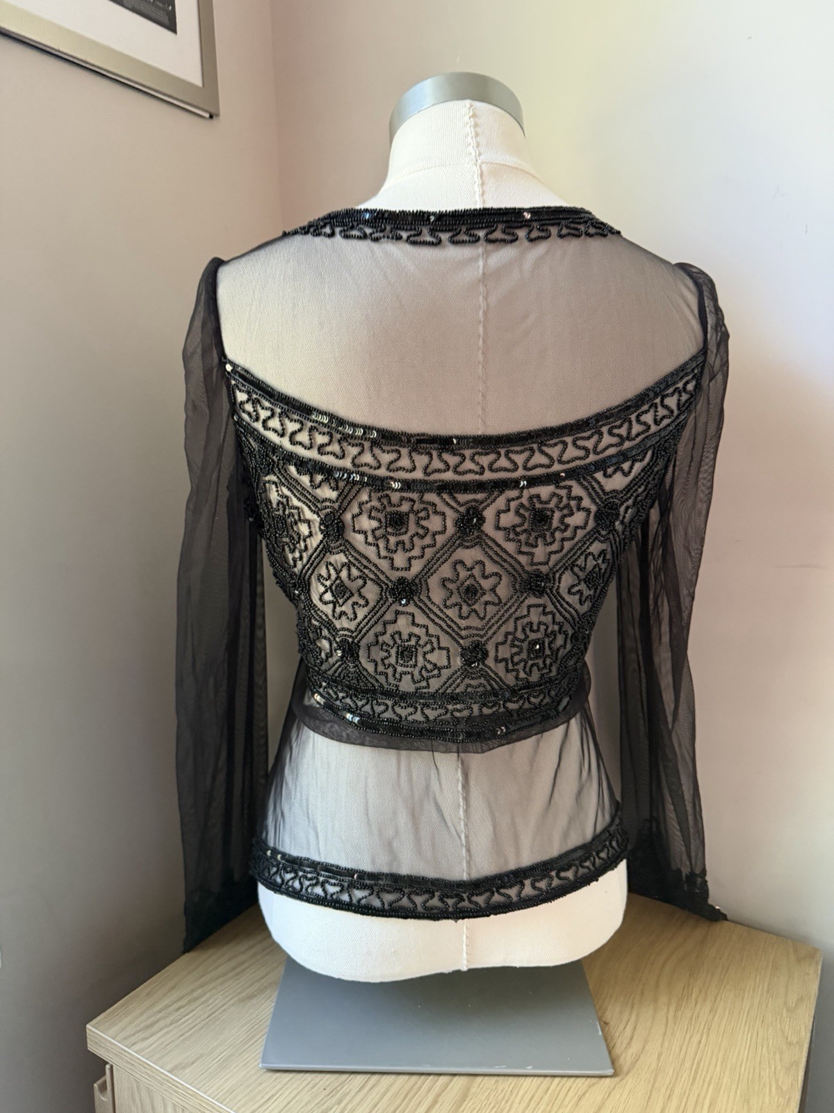Vintage Y2K Goth Black Ornate Beaded Sequin Mesh Sheer Top Large