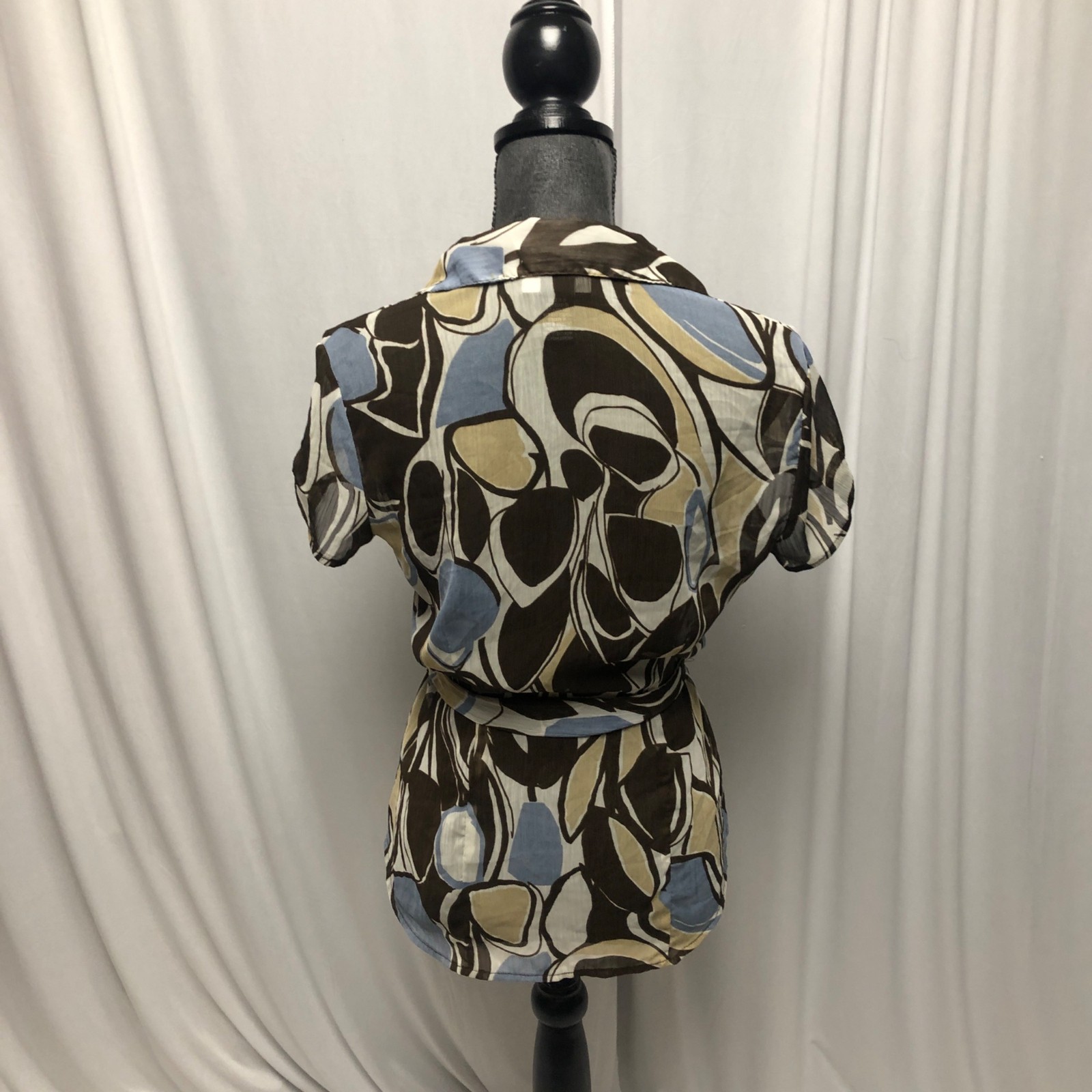 Studio 1940 Top Womens Size Small Brown Blue Sheer Short Sleeve Belted Blouse
