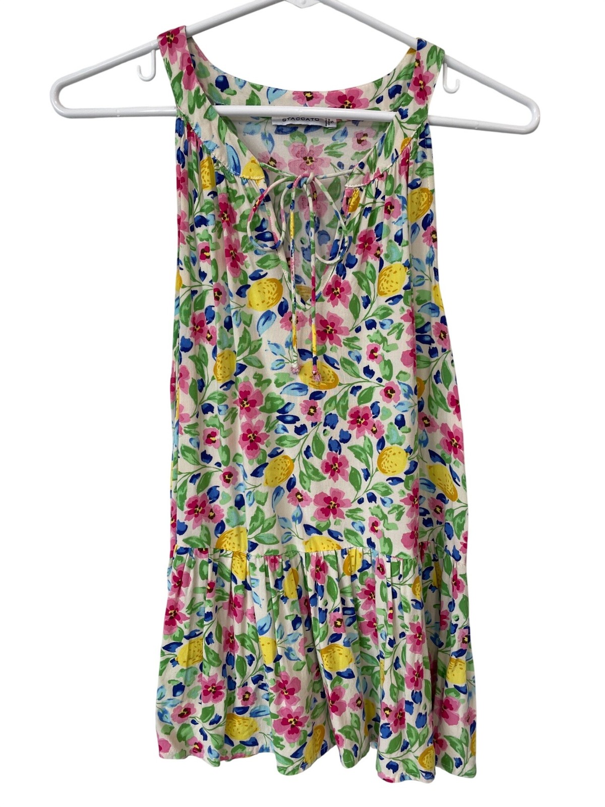 Staccato Peplum Tank Top Small Floral Sleeveless Keyhole Tie Neck Boho Cottage