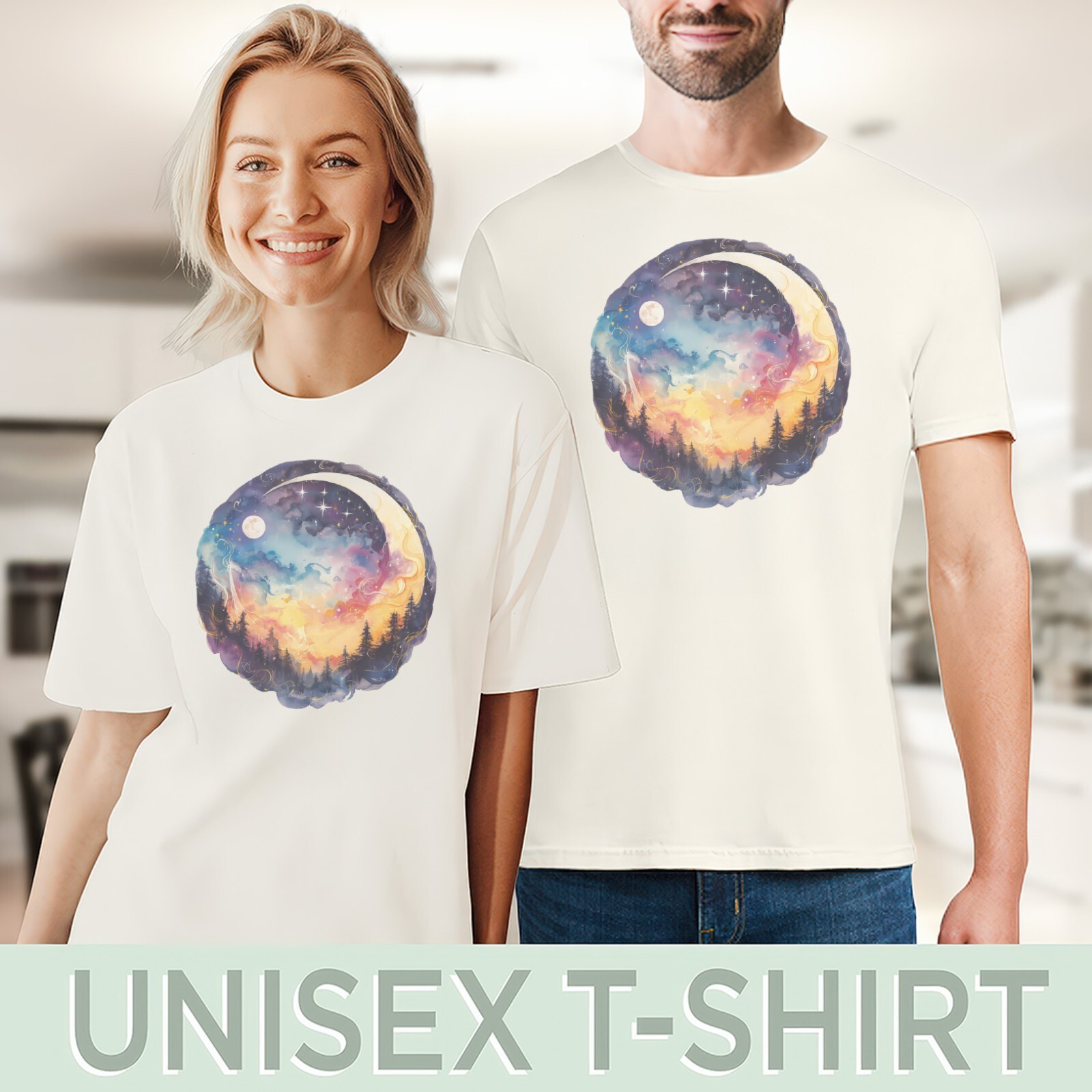 Celestial Forest Moon Tee with Sunset Sky and Starry Night Graphic