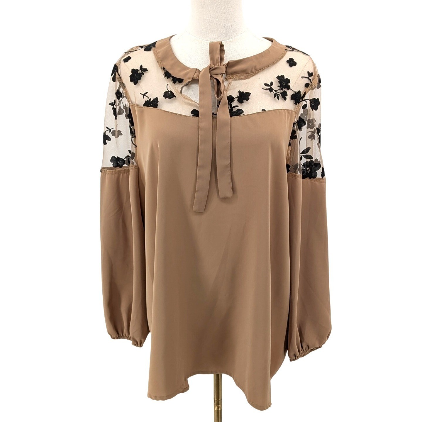 Sheer Yoke Blouse Floral Mesh Tie Neck Flowy Tan Black Oversized