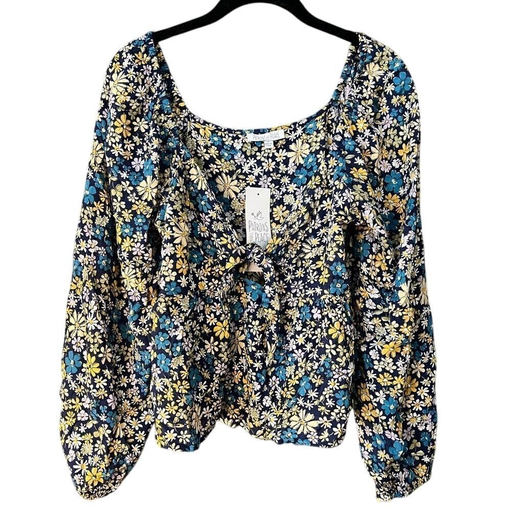 Patrons of Peace Floral Puff Sleeve Crop Top Navy Blue Yellow Daisy Print