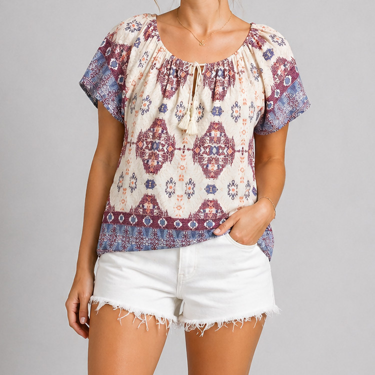 Lucky Brand Boho Peasant Top Womens Medium Tribal Print Tassel Tie Short Sleeve