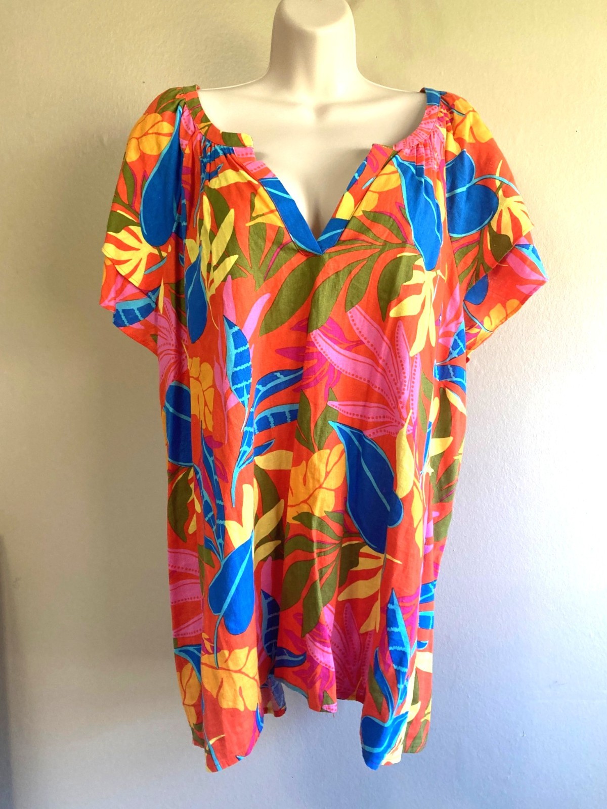 Calligraphie Aloha Shirt 3X Plus Linen Rayon SS V Neck Bright Floral Orange