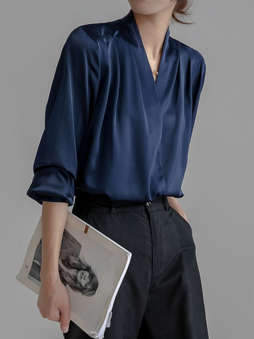 Womens Long Sleeve Shirt Silk Stain V-Neck French Office Lady Summer Blouse Tops