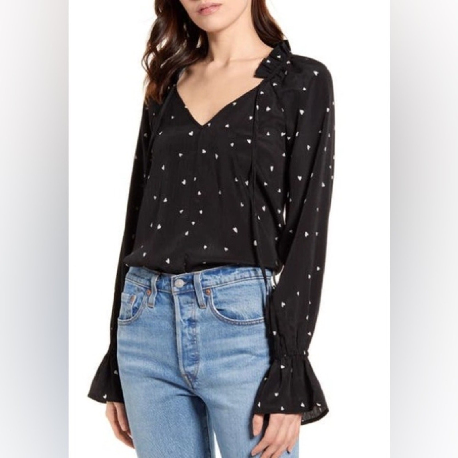 MINKPINK Me & You Heart Print Satin Top Black White Long Sleeve Size Medium