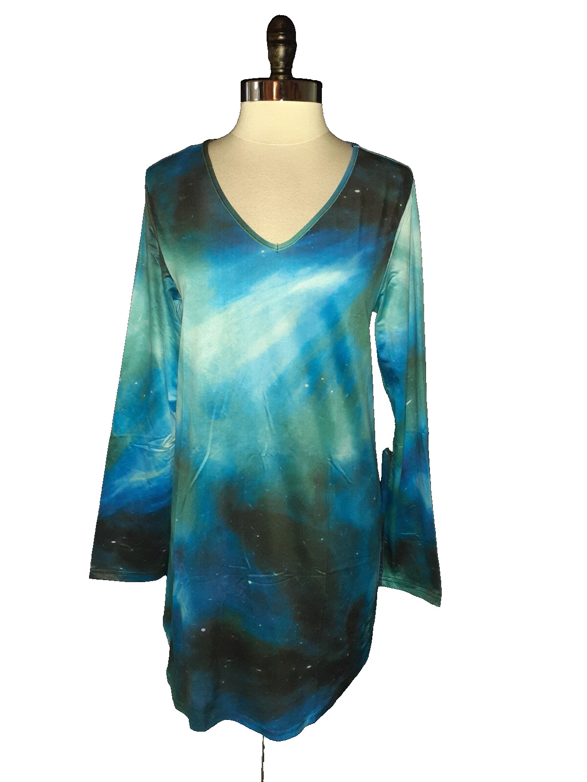 NEW AZALEA by FIRMIANA Sz L Tunic Top Shirt Blue Black Space Galaxy Long Sleeve