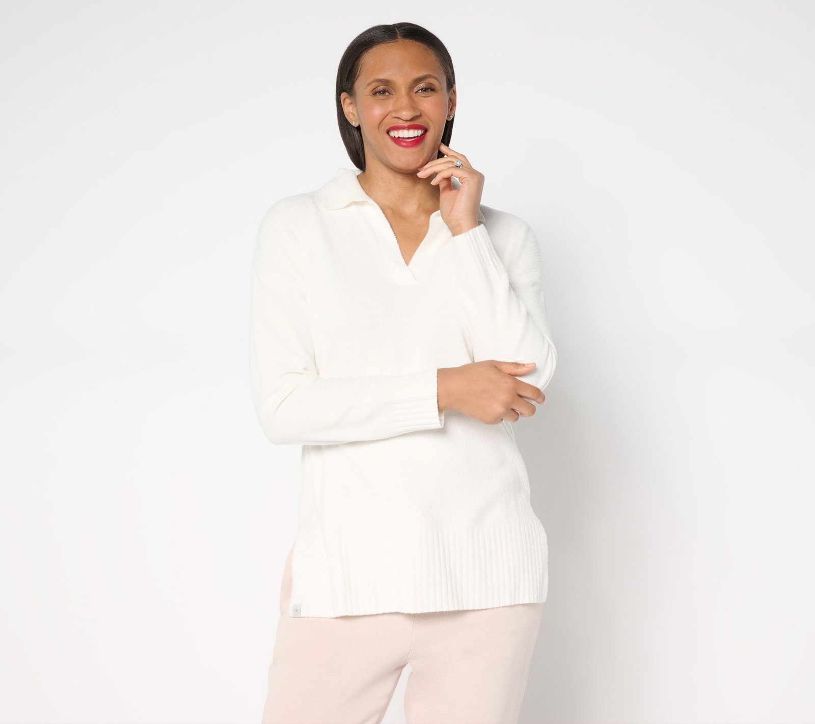 Barefoot Dreams CozyChic Ultra Lite Collared Pullover With Slits Pearl M New