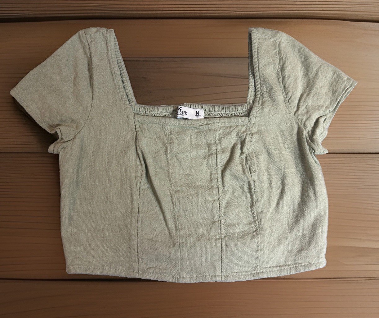 Hollister Sage Cotton/Linen Boho Crop Top Puff Sleeve Sz. M