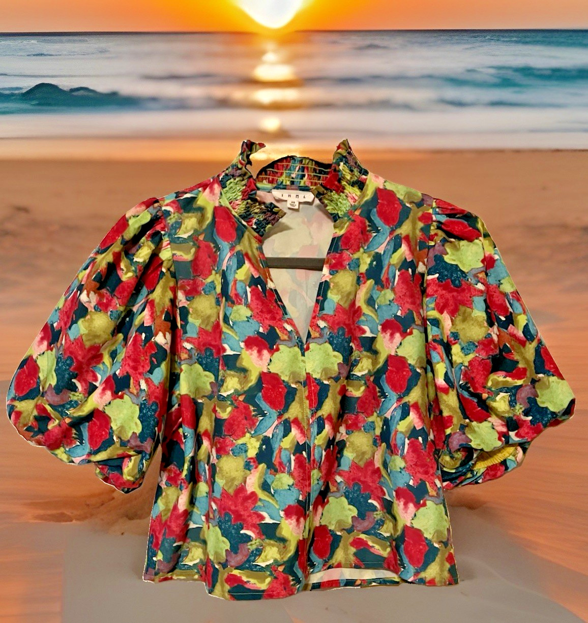 THML Anthropology PUFF Sleeve Ruffle Smock Neck SO Top XS Peasant Boho NEW🤩