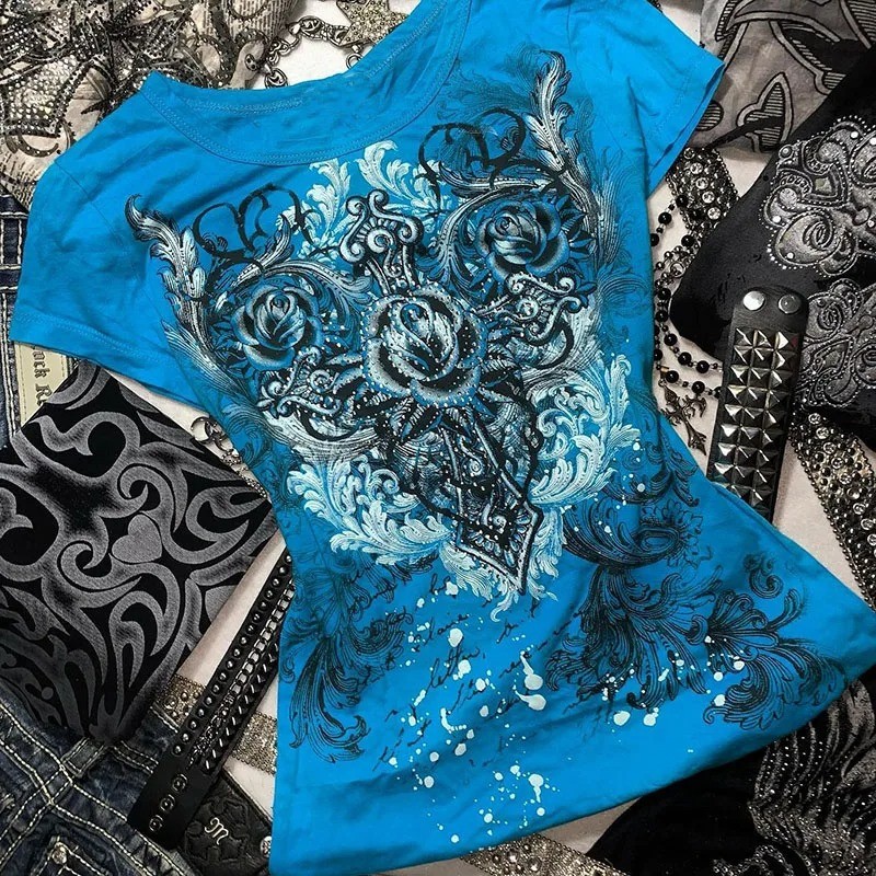 Women’s Y2k Grunge T-Shirts 2000s Vinage Rhinestone Print Heart Rose T-Shirt