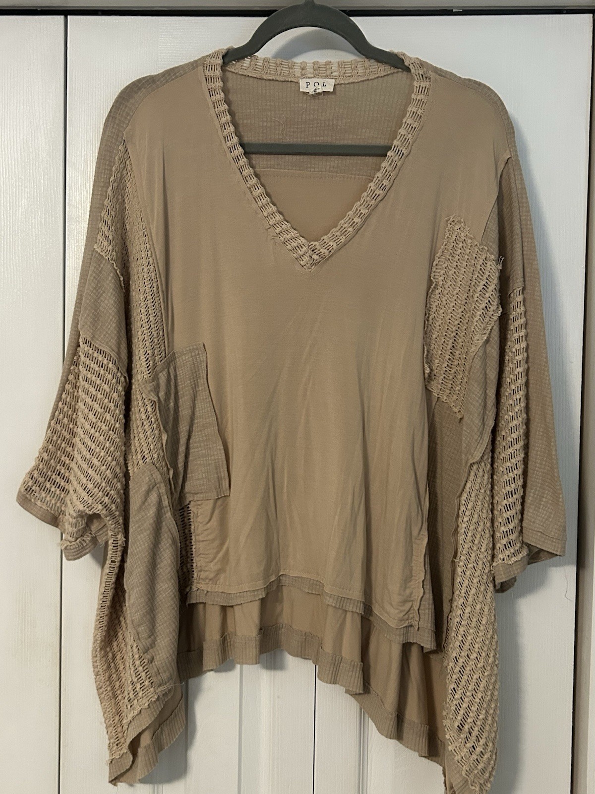 POL Beige Crochet Accent V-Neck 3/4 Dolman Knit Tunic Top Relaxed Sz S
