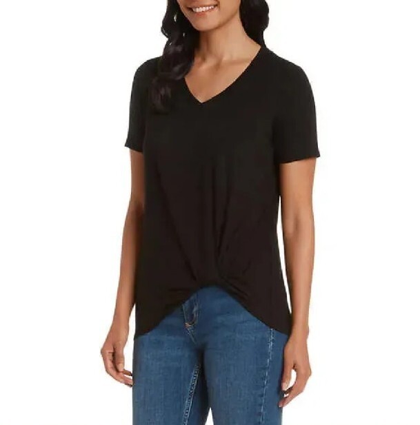 Cherish Sz M Vneck Twist Knot Front Tshirt Semi-Sheer Tunic Top Flowy Boho Black