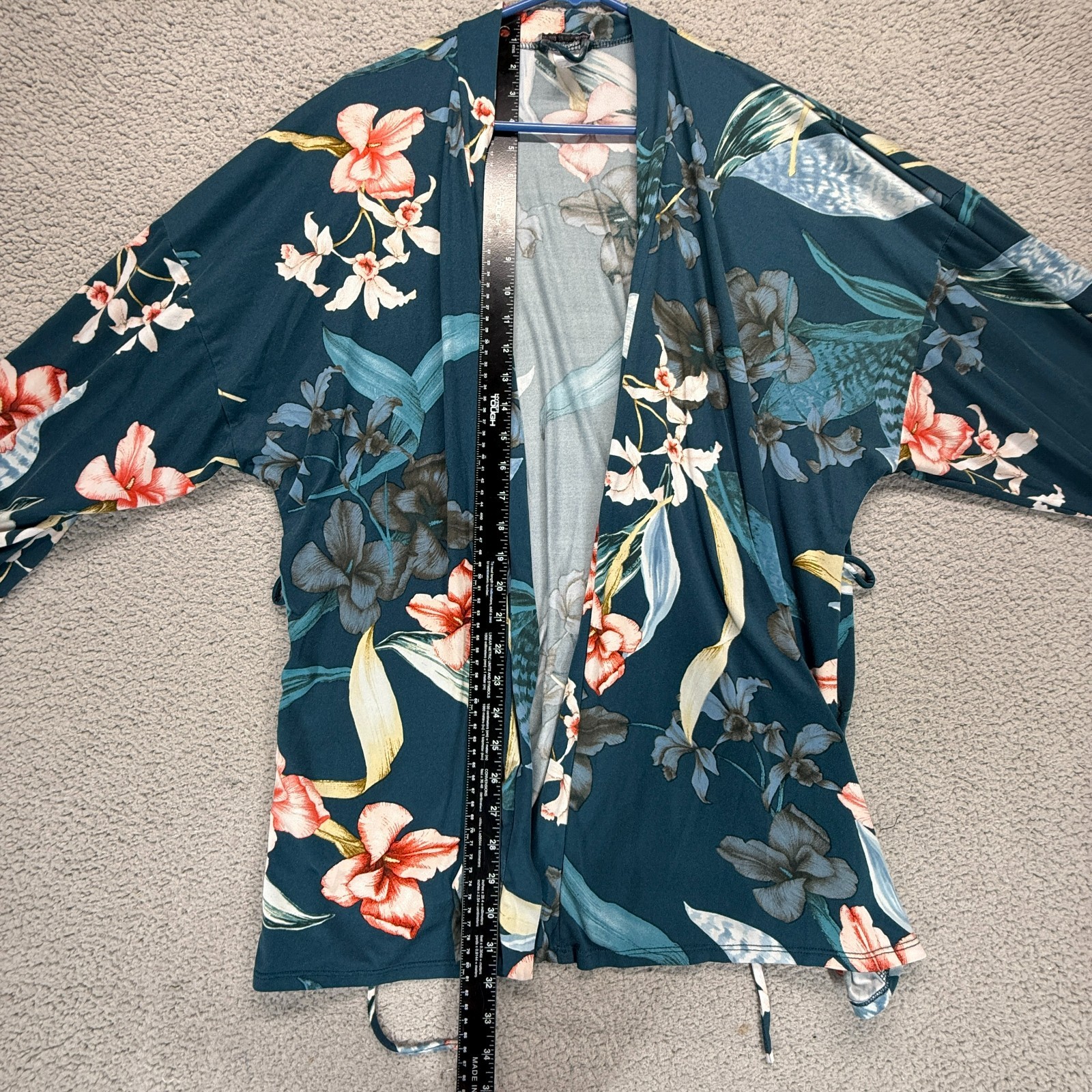 Linea Donatella Blue Womens L Tropical Hibiscus Floral Stretch Wrap Kimono Top