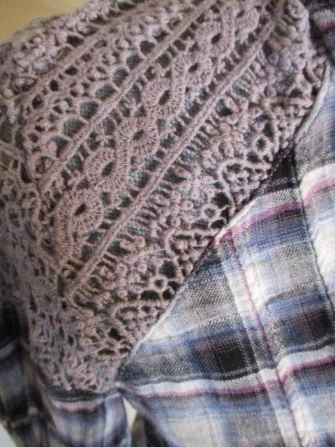Free People FAB! Plaid Crochet Lace Insert Lower Peplum Shirt in Blue Plaid 2