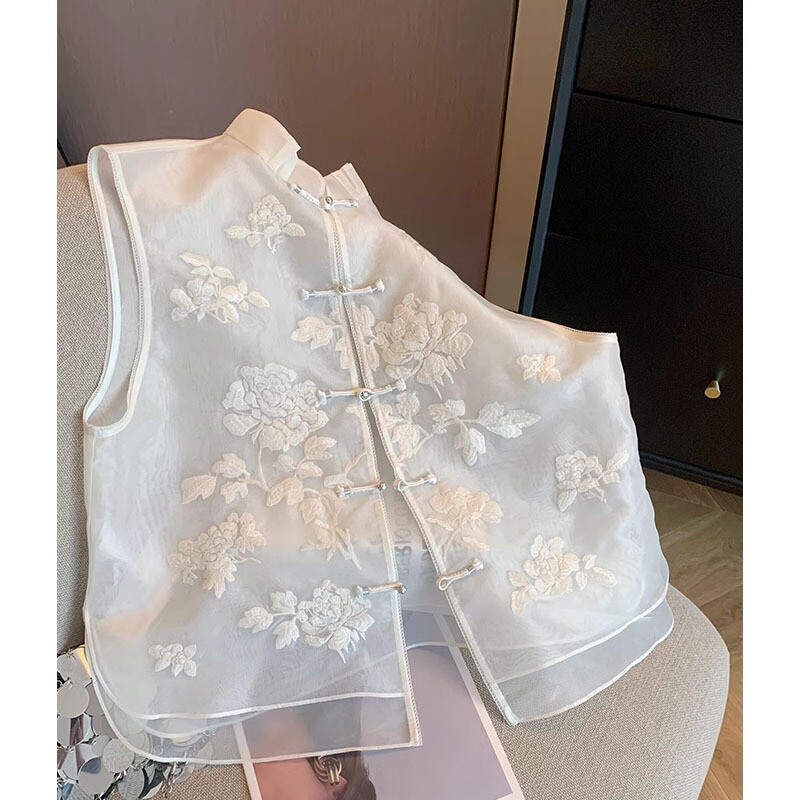 Chinese Embroidery Organza Stand Collar Vest Women’s Sleeveless Vest