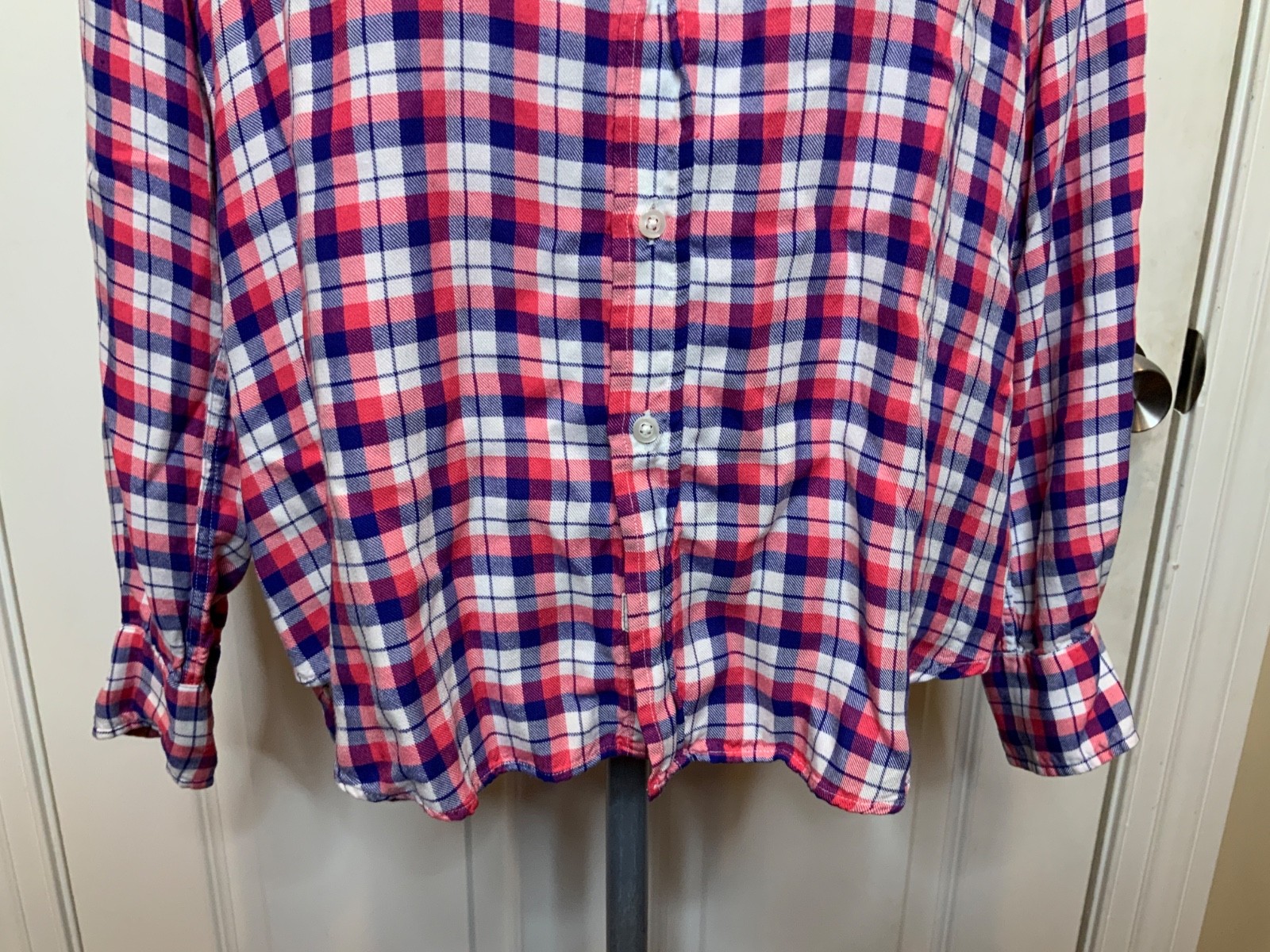 Frank & Eileen Pink Blue White Flannel Plaid Eileen Button-Up Shirt, Size S