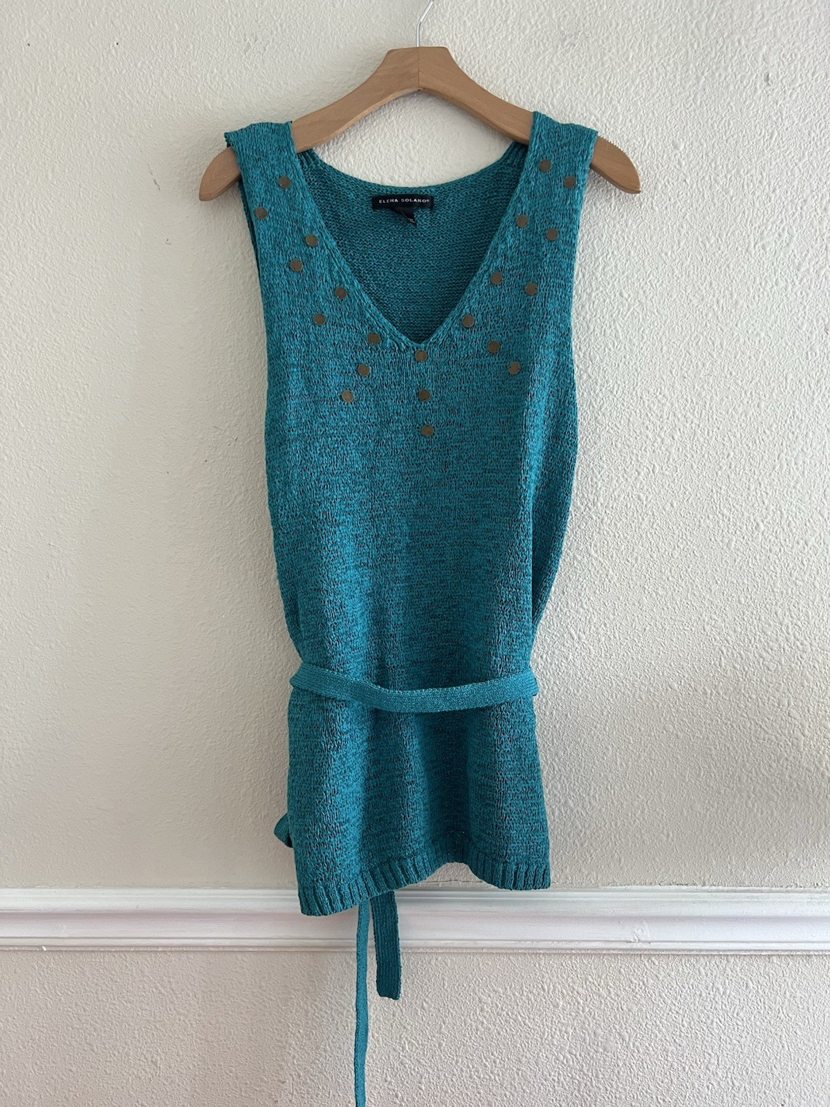 ELENA SOLANO Open Knit Sweater Tunic Top Teal Green Metallic Studs XL (smaller)