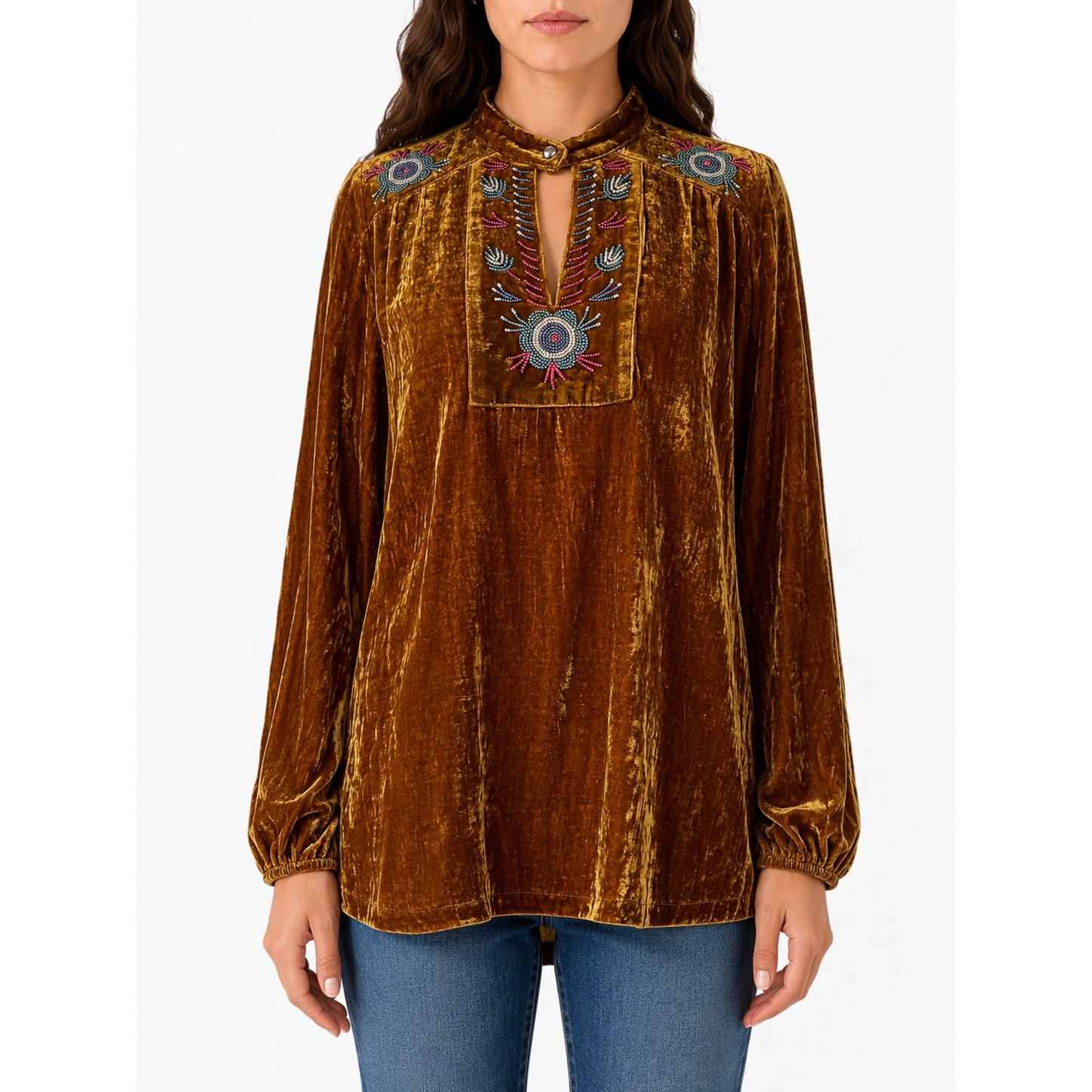 Double D Ranch Tunic Gold Yellow Silk Velvet Beaded Western Boho Top Size L