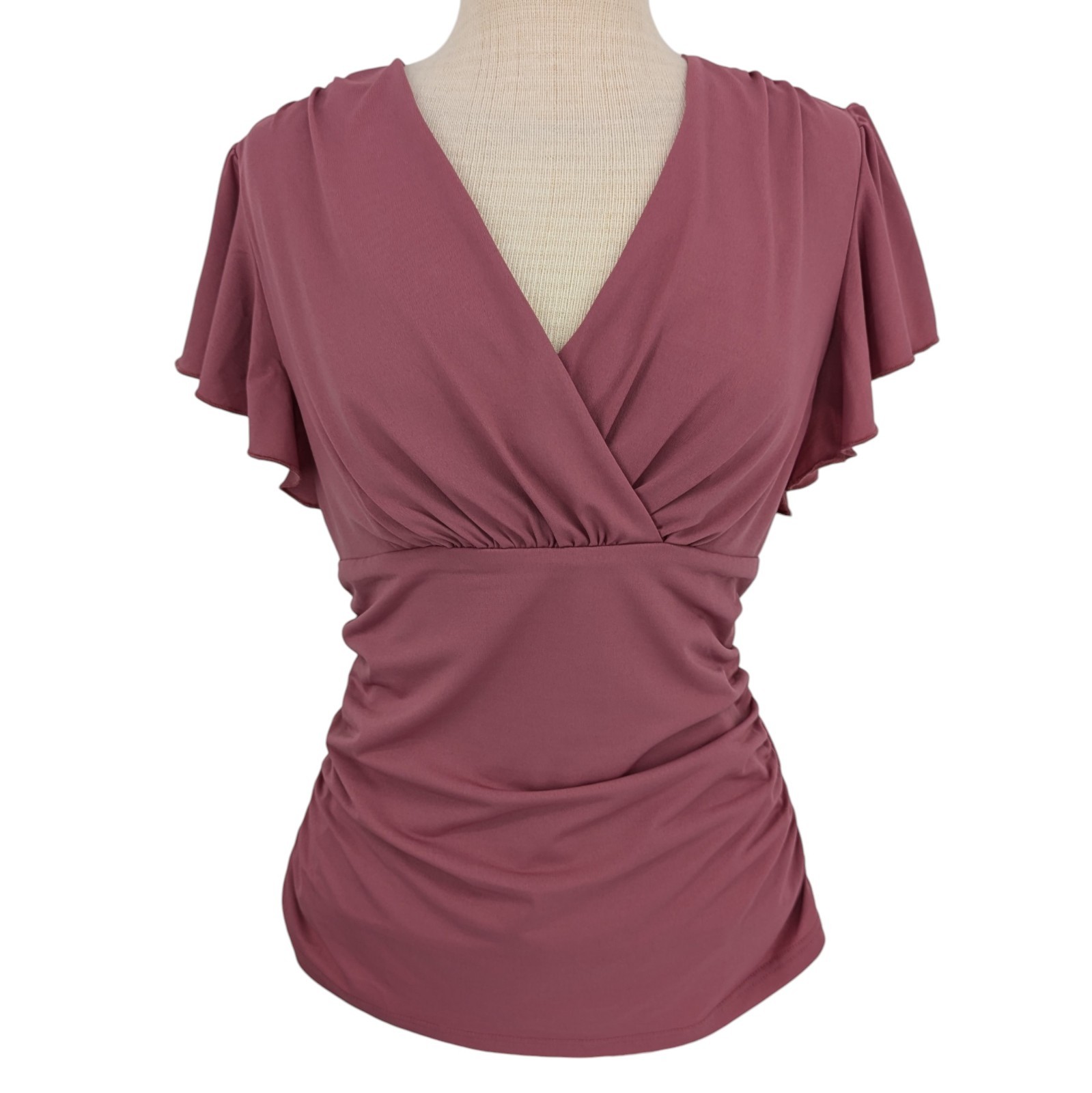 Grace Karin Ruched Blouse Size M Muted Pink V-Neck Flutter Sleeve Romantic Y2K