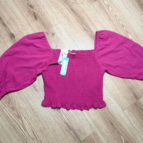 Daisy & Delilah Florence Smocked Crop Top Magenta Pink Linen Blend Puff Sleeve M