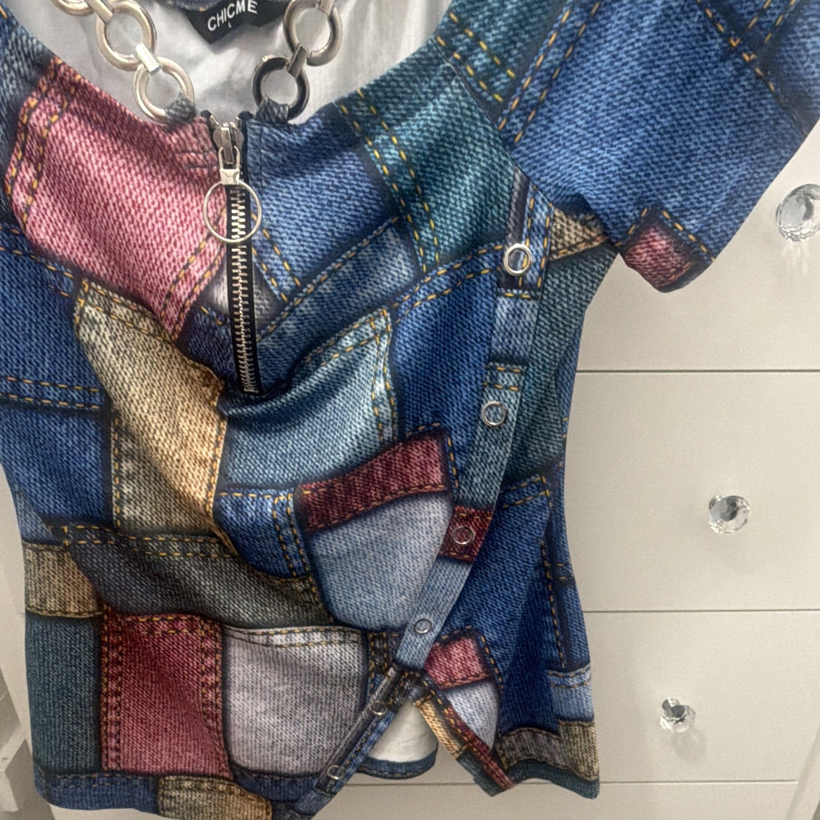 CHICME L Multicolor Patchwork Square Neck Short Sleeve Zip Blouse Top