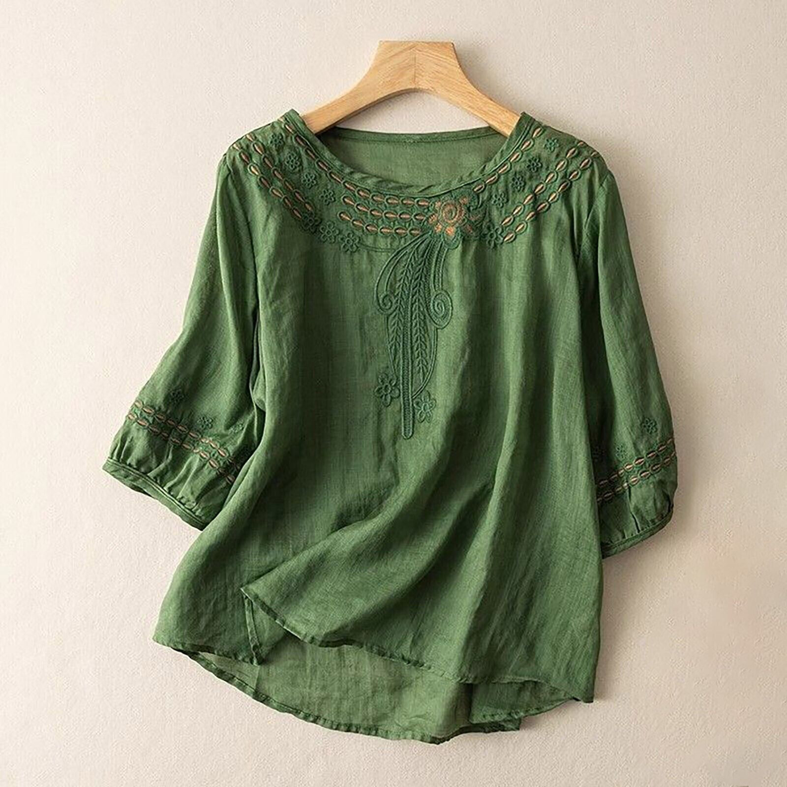 Women’s Cotton Linen Tunic Top Shirt Summer Casual Baggy Plain Blouse Plus Size