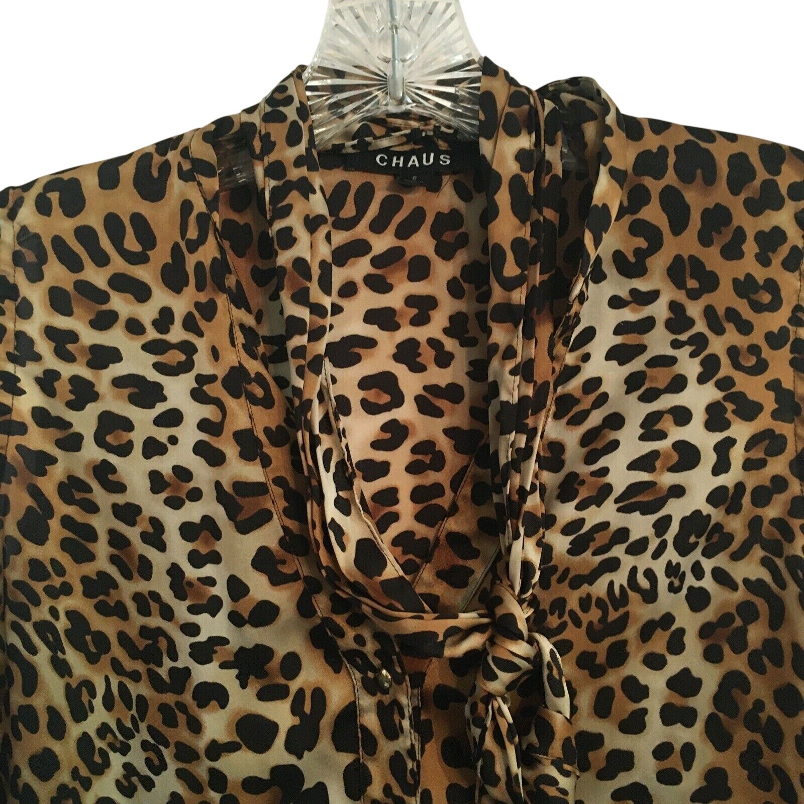 Vintage Chaus size 6 sleeveless blouse self tie neckline tan black animal print