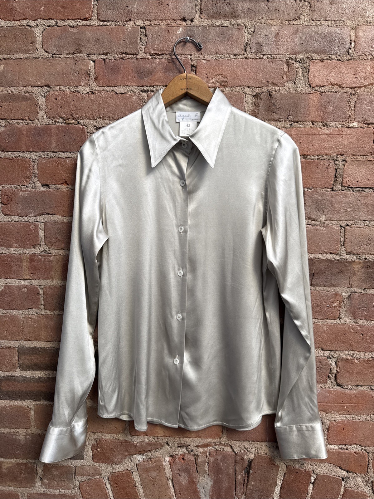Agnes b. Women’s Silk Satin Blouse, Sz 42, Pale Stone