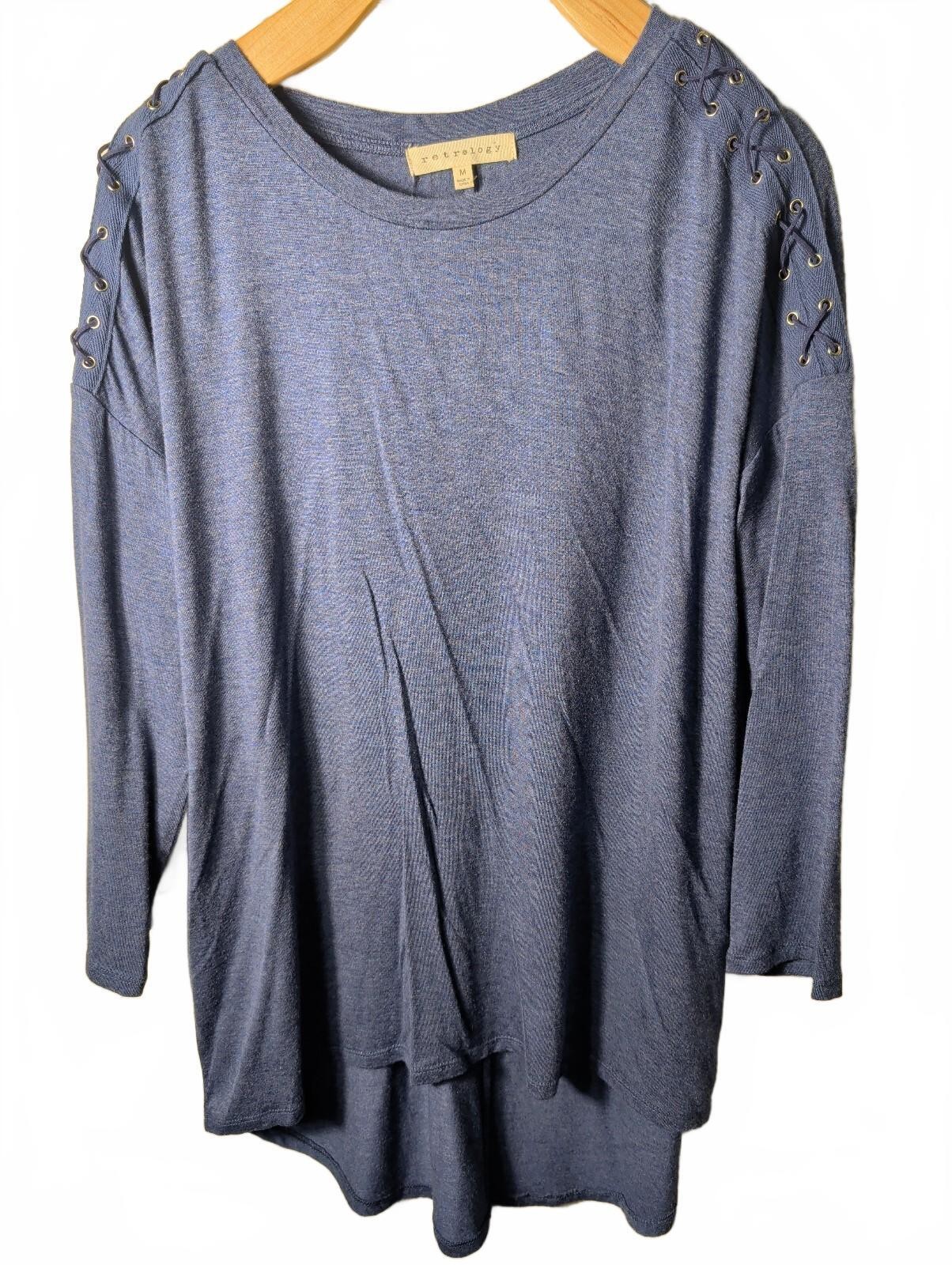 Retrology Blouse Top Womens Size Medium Blue Shoulder Stretch Relaxed Fall