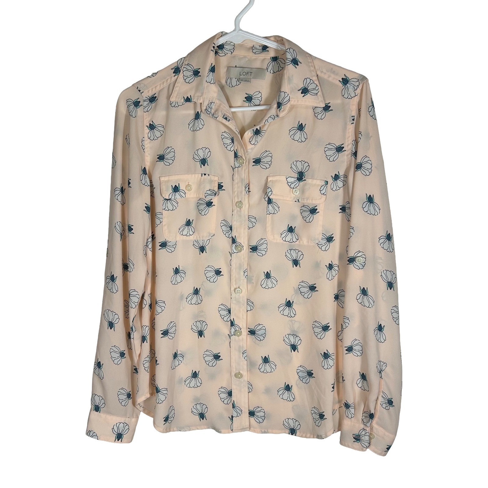 Ann Taylor Loft Womens XS Peach Floral Roll Tab Sleeve Button Down Blouse Top