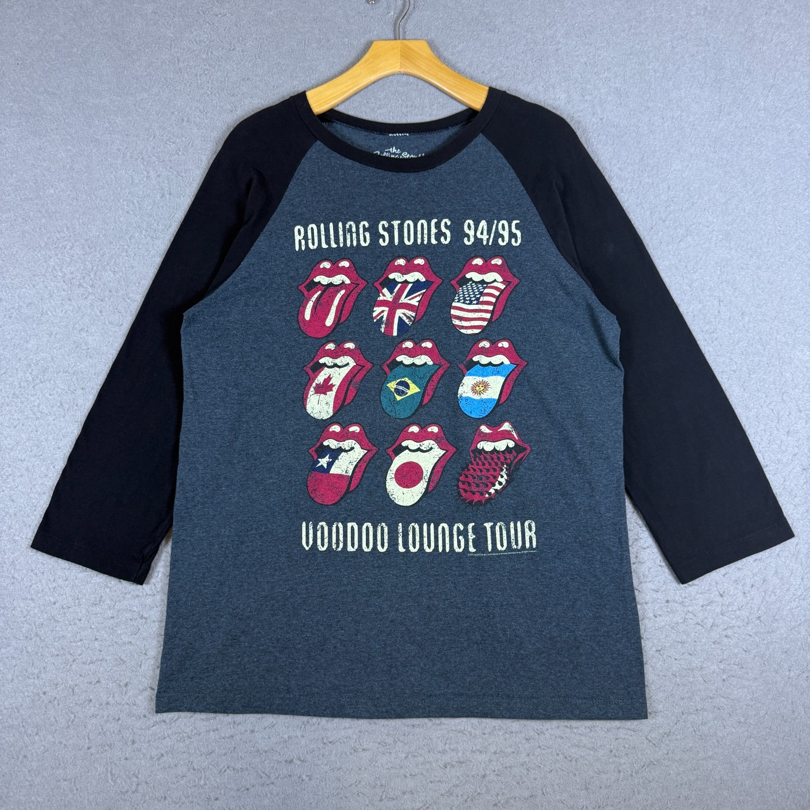 Rolling Stones Womens Raglan Tee Size L Gray Black 94/95 Voodoo Lounge Tour Band