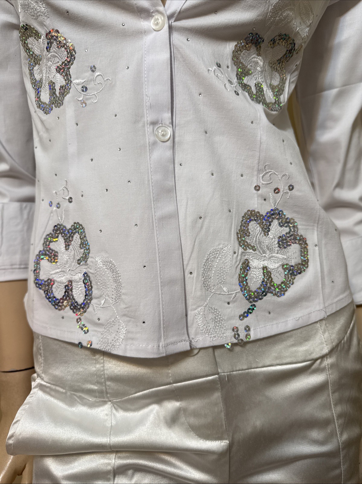 Women’s White Cotton Classic Stretch Slim Beaded Buttons Size L Shirt Blouse Top