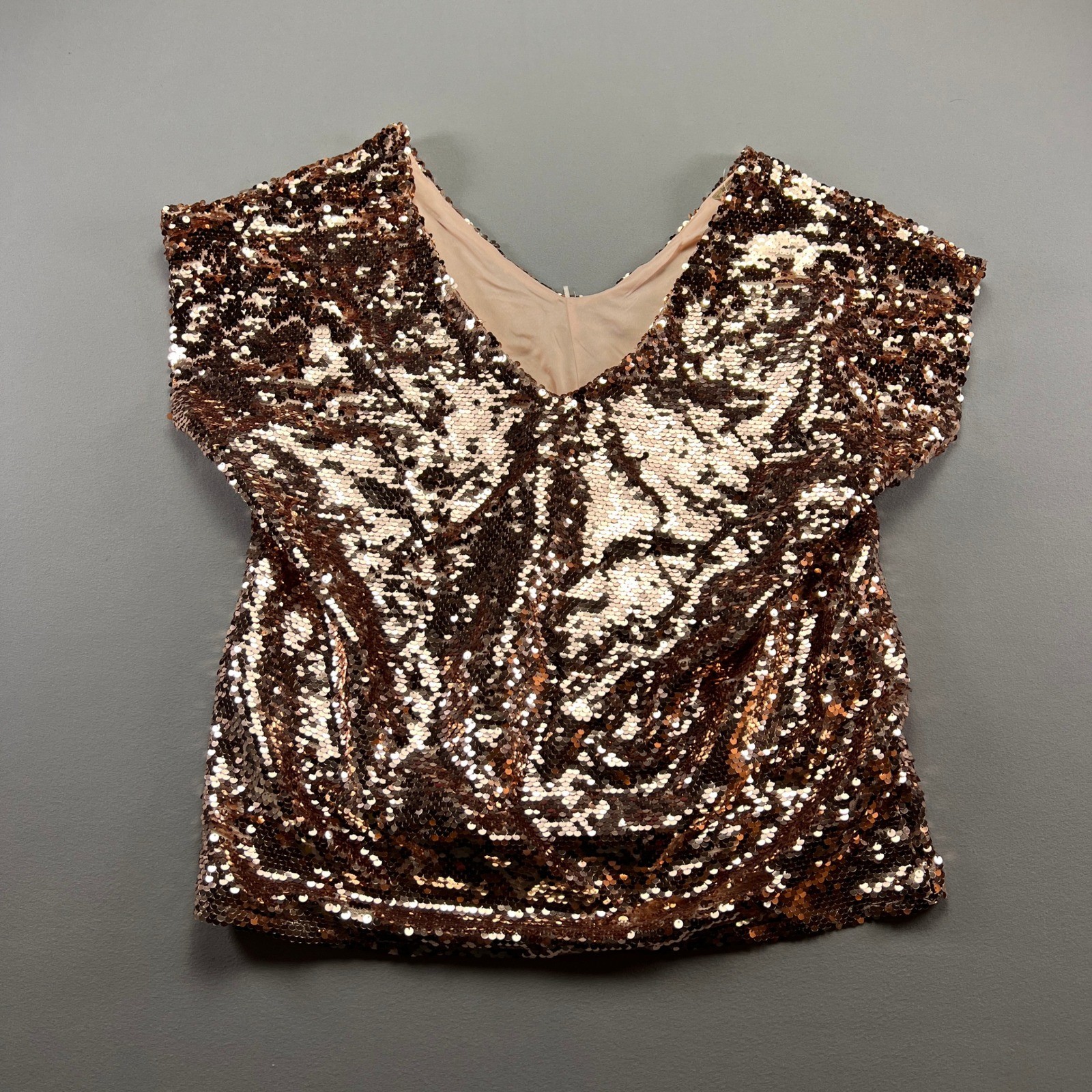 Lavish Blouse Top Womens Large Rose Gold Sequin Embellished Short Sleeve Party