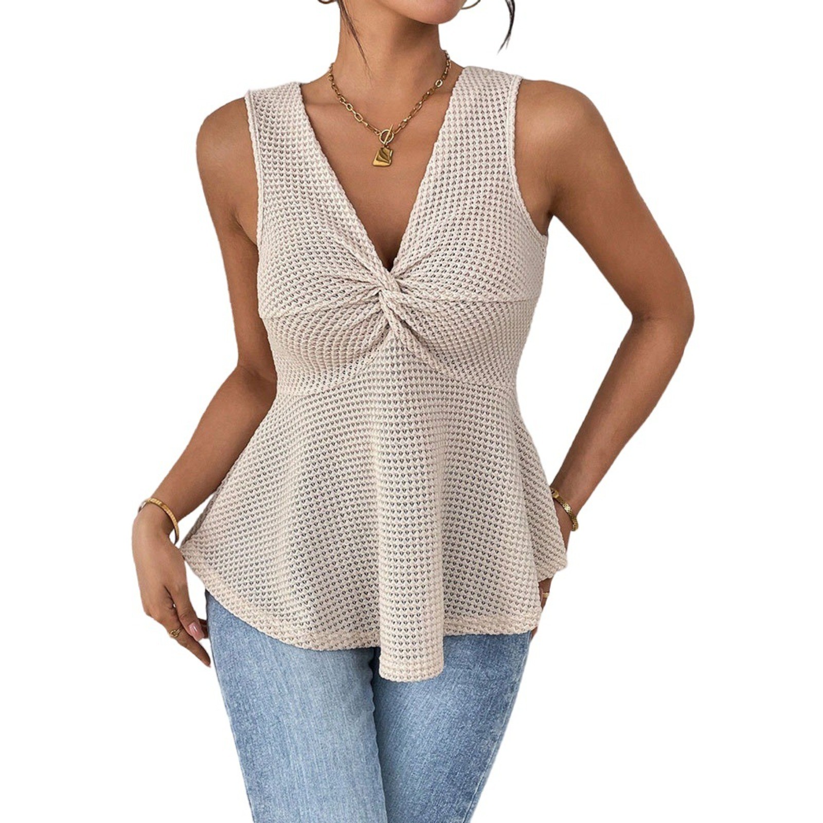 Women’s V Neck Sleeveless Twist Front Peplum Top Casual