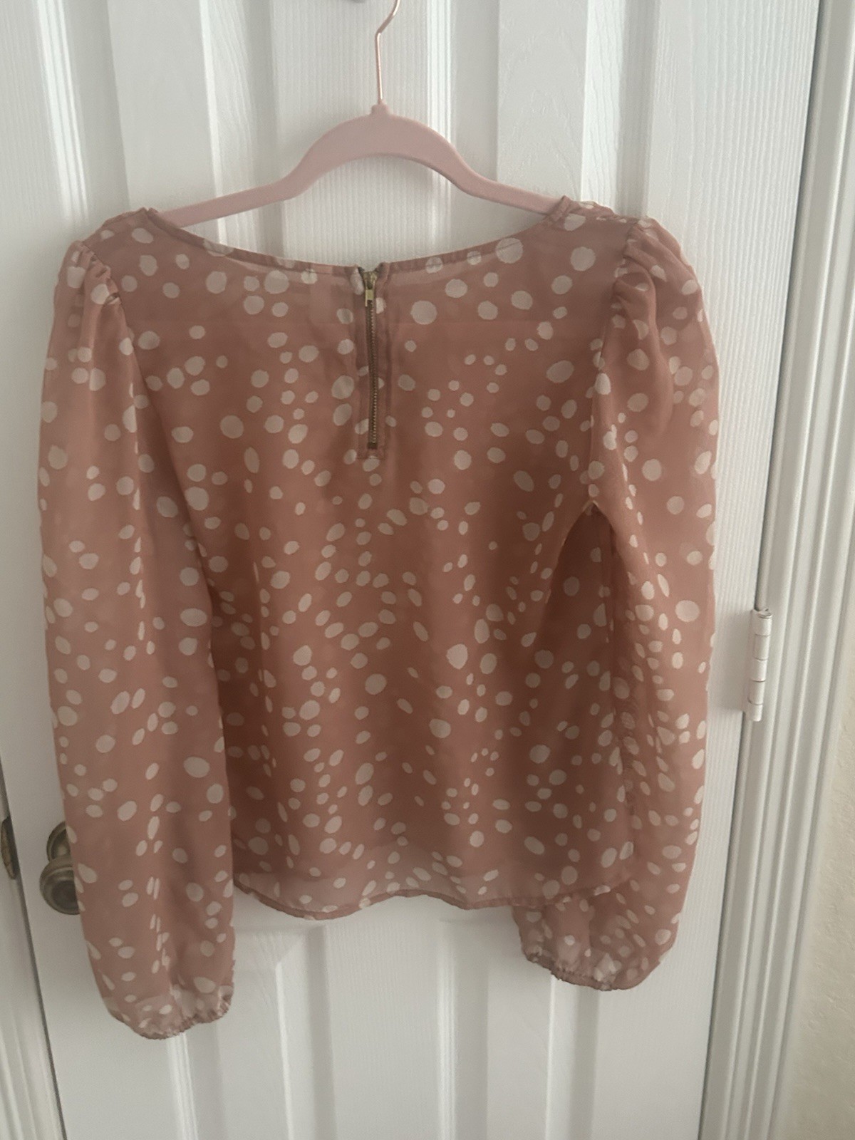 Xhilaration Pink Polka Dot Chiffon Blouse Puff Long Sleeve Zip Back S