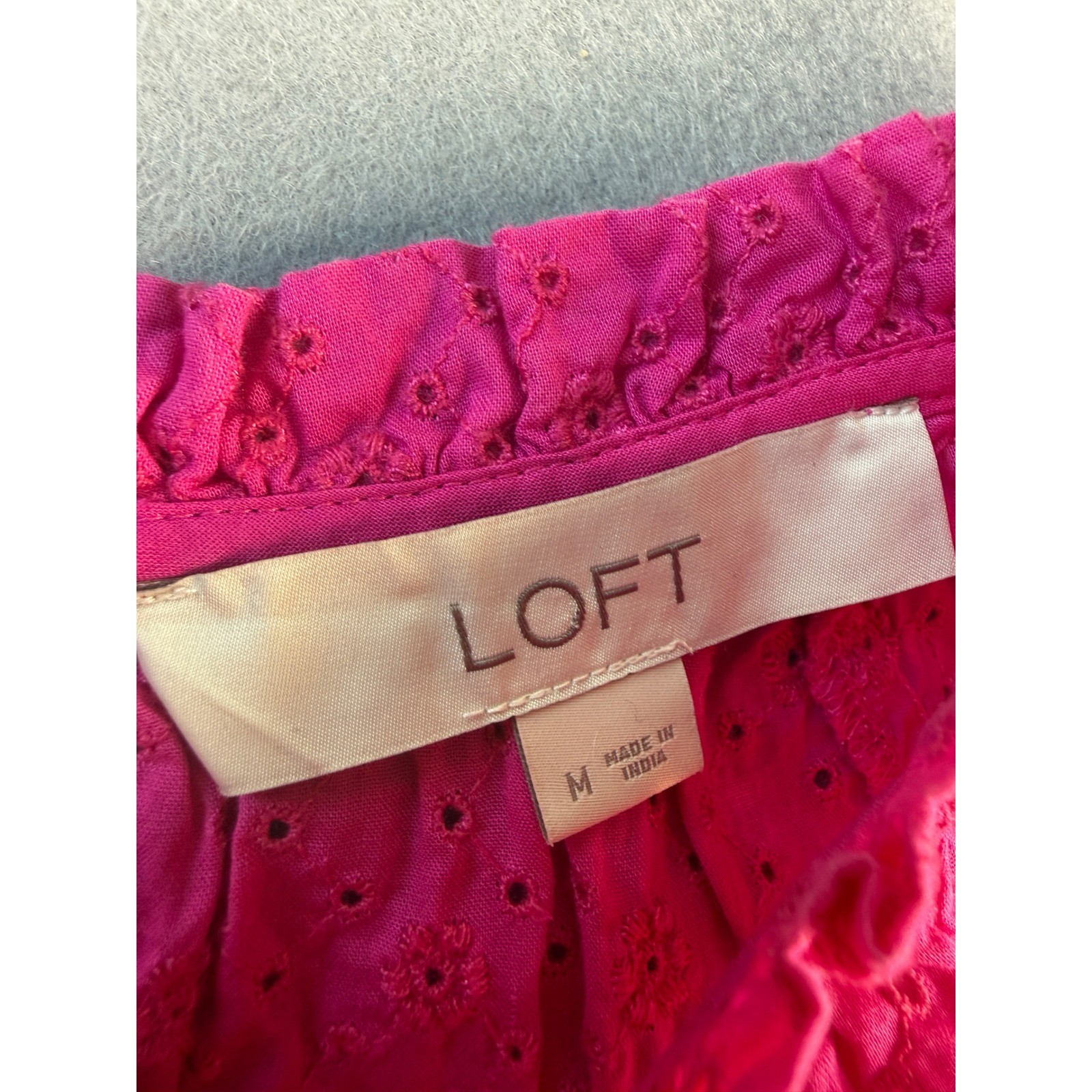 LOFT Pink Eyelet Ruffle Neck Puff Sleeve Blouse Top Womens Medium Boho Summer