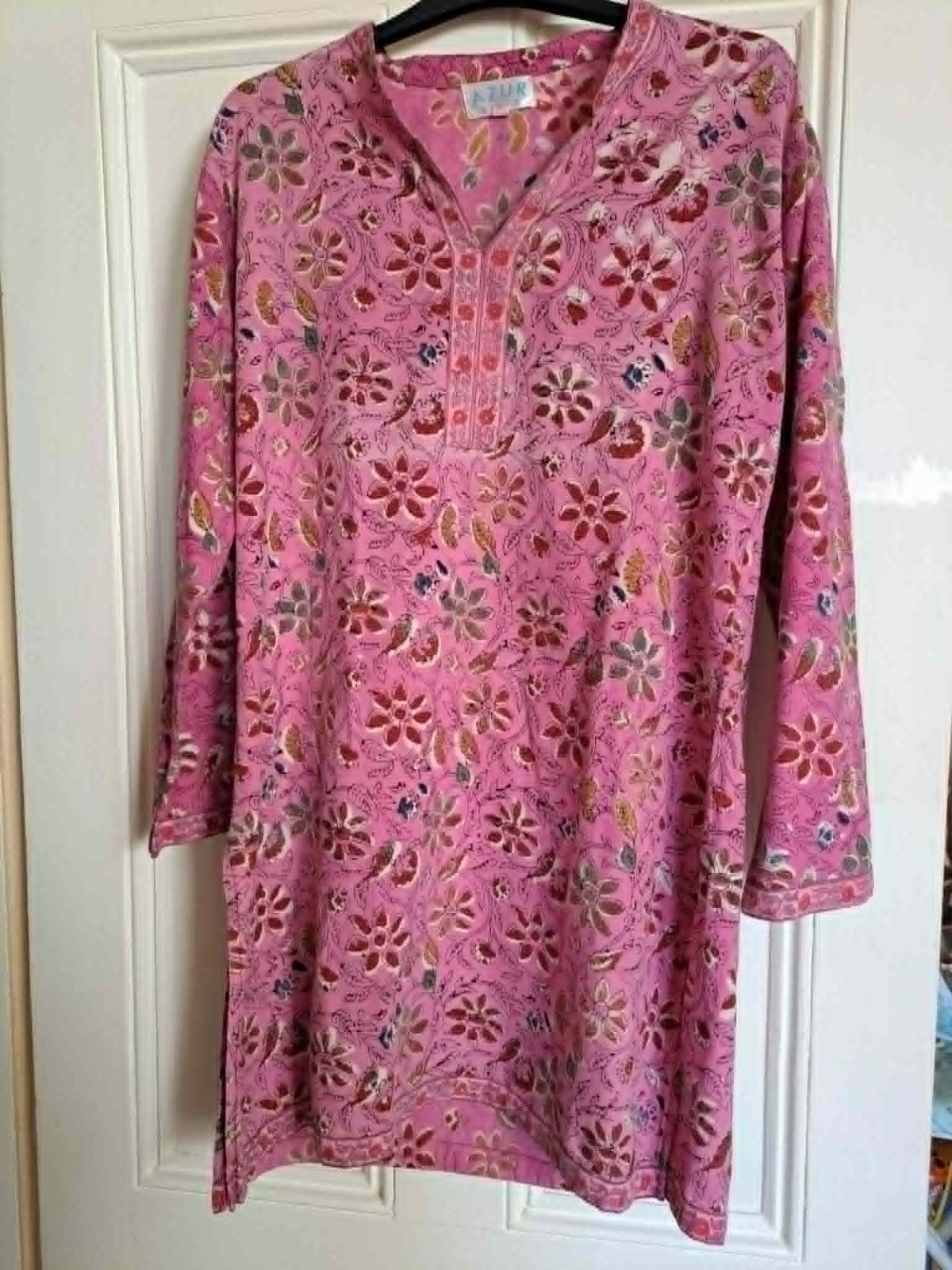 Fab AZUR BEACH Indian cotton long sleeved floral patterned tunic top L (16-18)