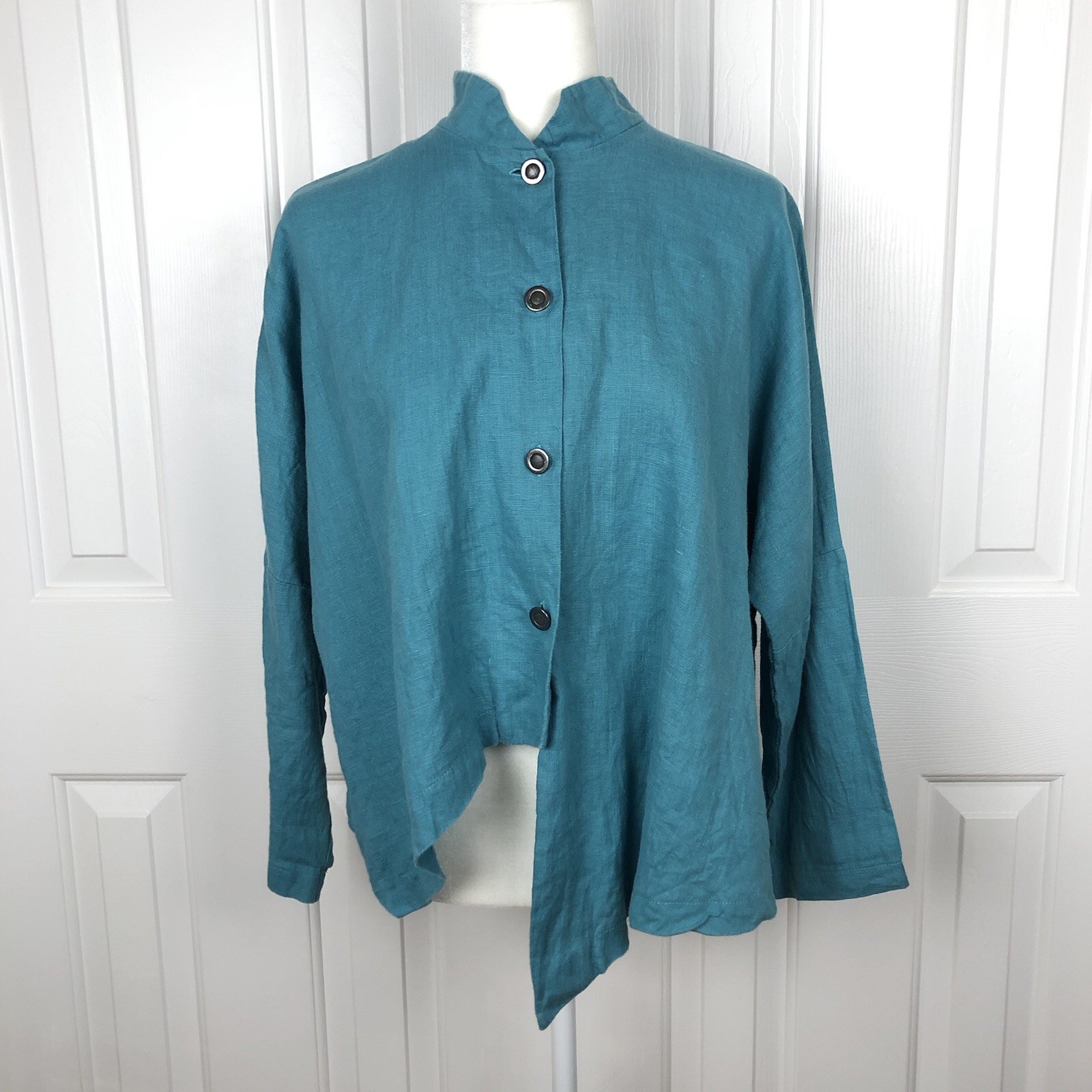 Artsy Womens Top ITEMZ Chris Baumgartner Linen Turquoise Asymmetrical Hem Unique
