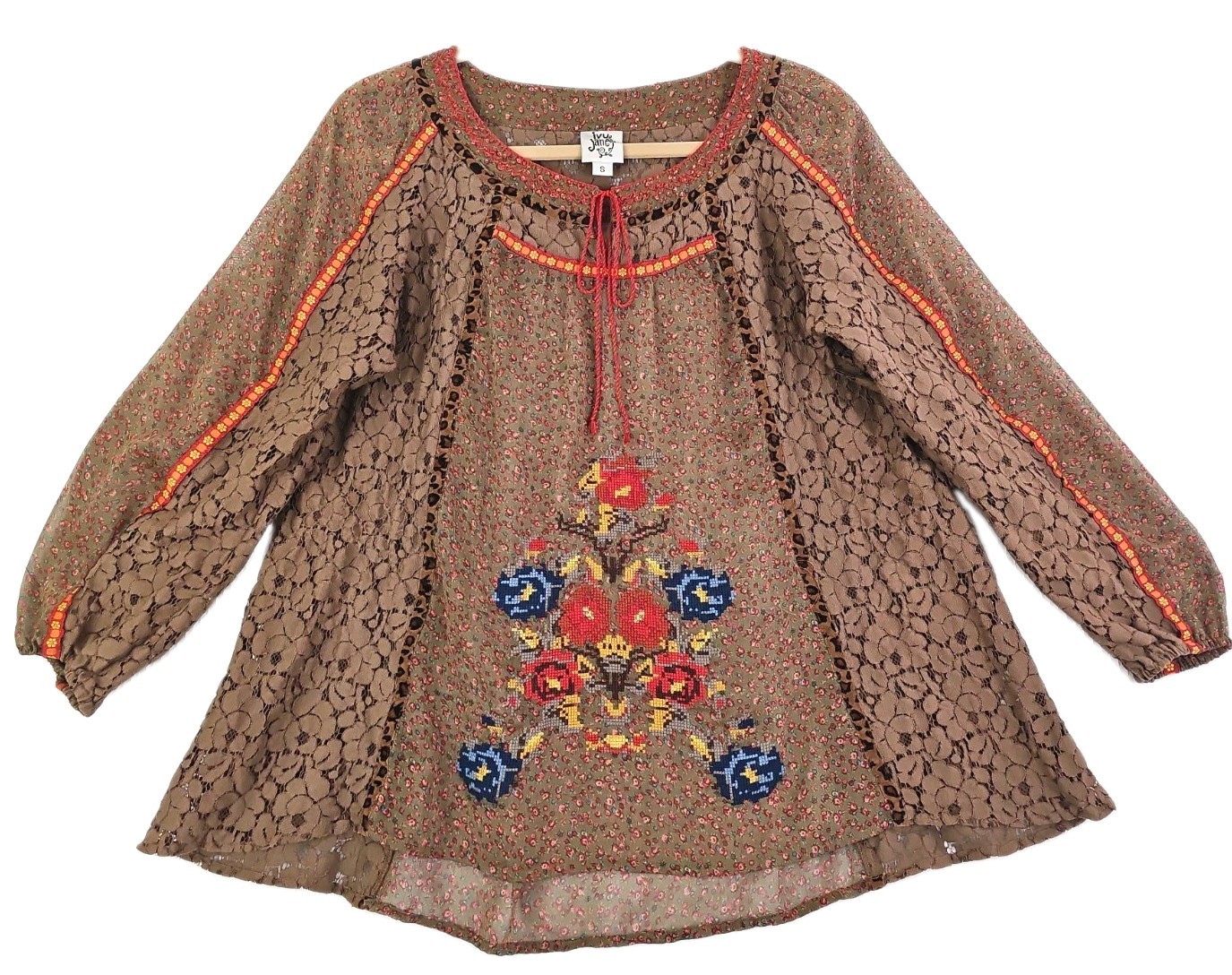 Ivy Jane ~Woman Size S~ Multicolor Embroidered Balloon Sleeve Blouse Boho Top.