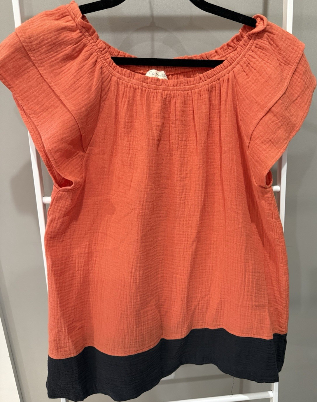 Cotton Bleu Orange Navy Solid Layered Woven 100% cotton Round Neck Pullover top