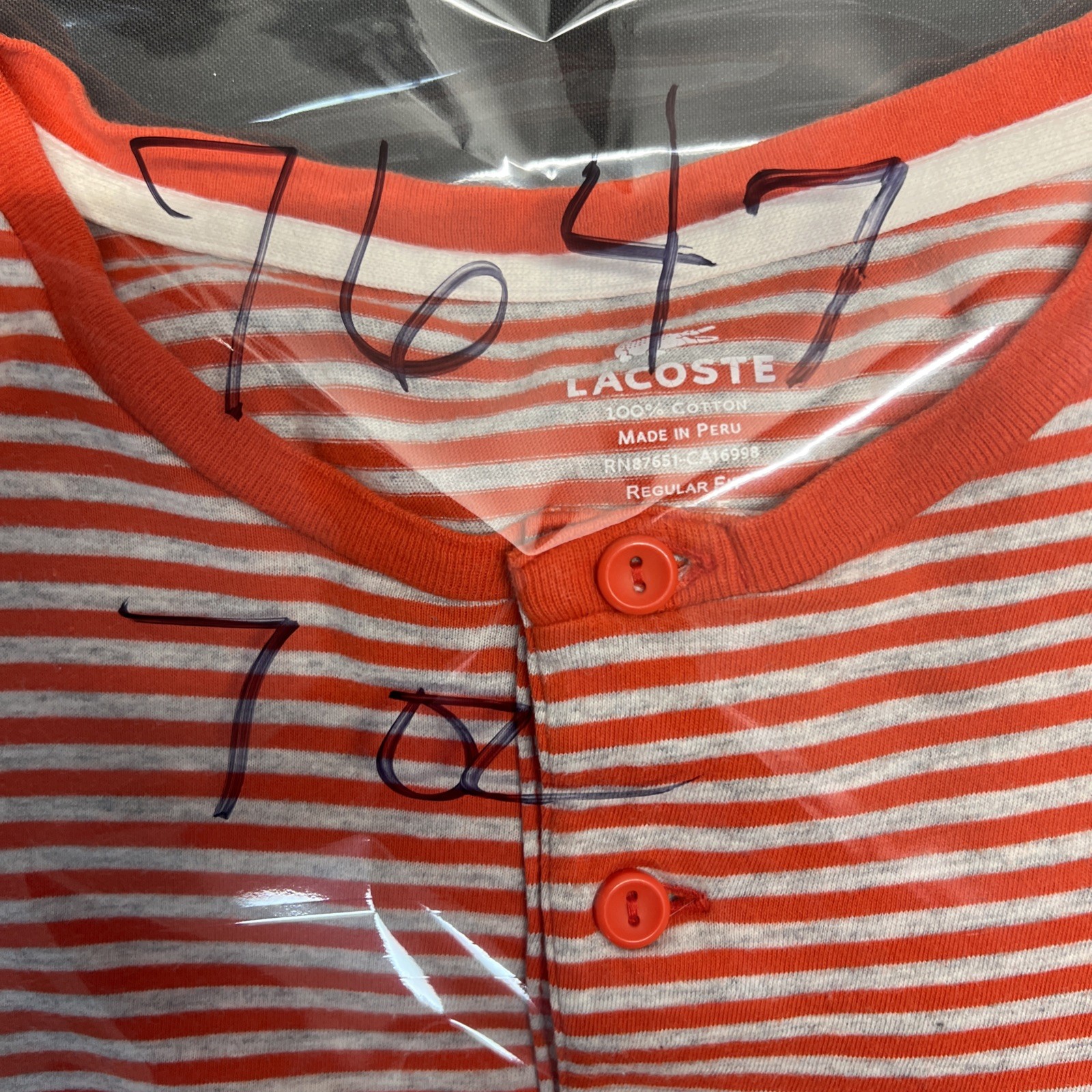 Lacoste 3 Button Crew Neck Short Sleeve Pullover Size 5 Red Gray Stripe Reg. Fit
