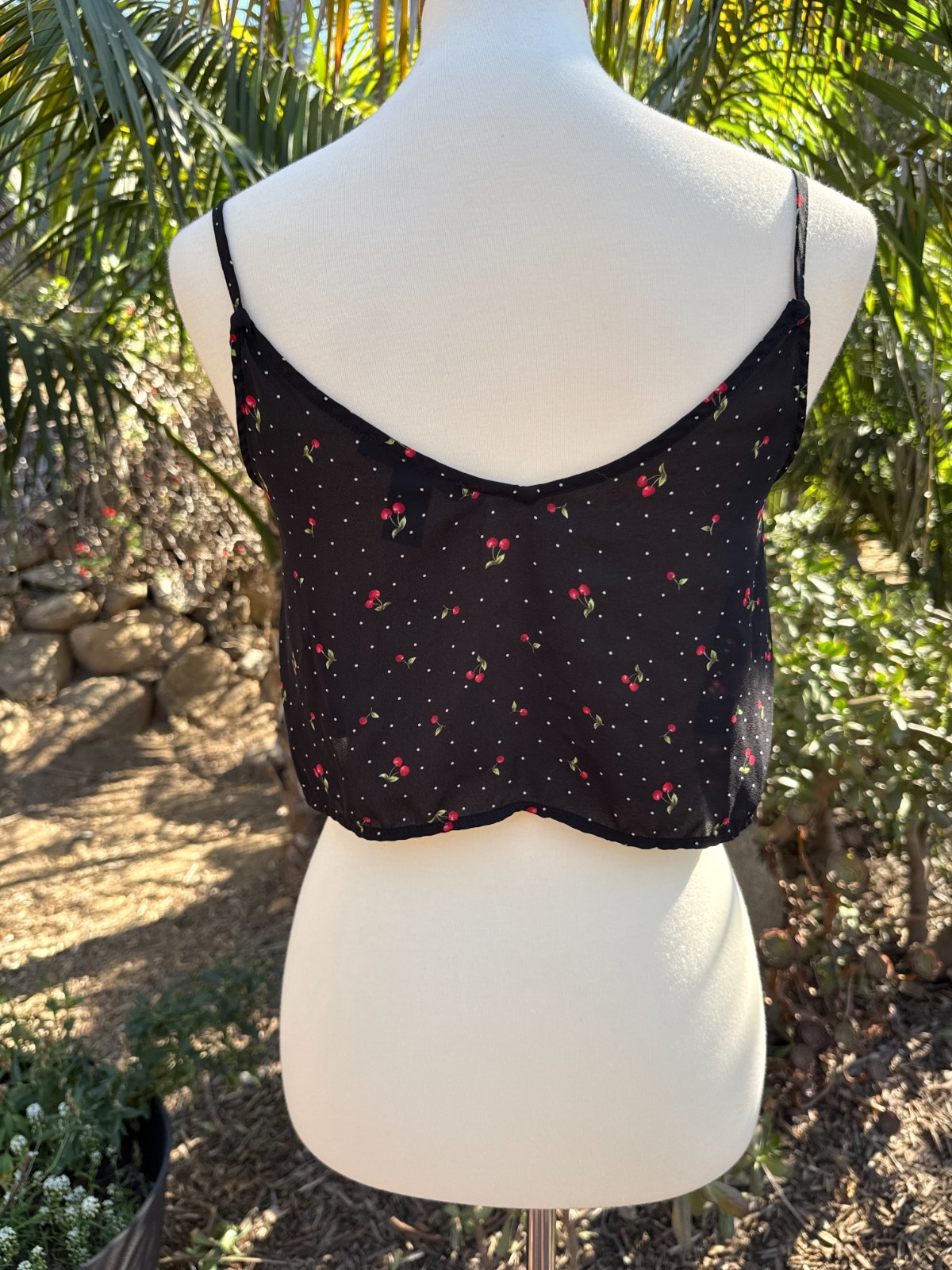 90s Y2K Revival Sheer Cherry Micro Dot Cropped Cami Size S Whimsigoth Dark Fairy
