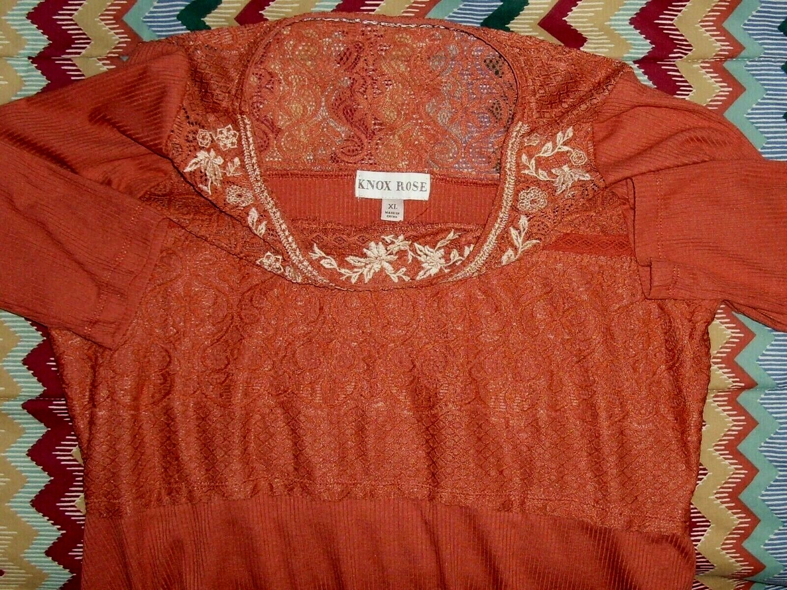 Knox Rose Long Sleeve Top Sz XL Rust Orange Embroidered Scoop Neck Lace Trim