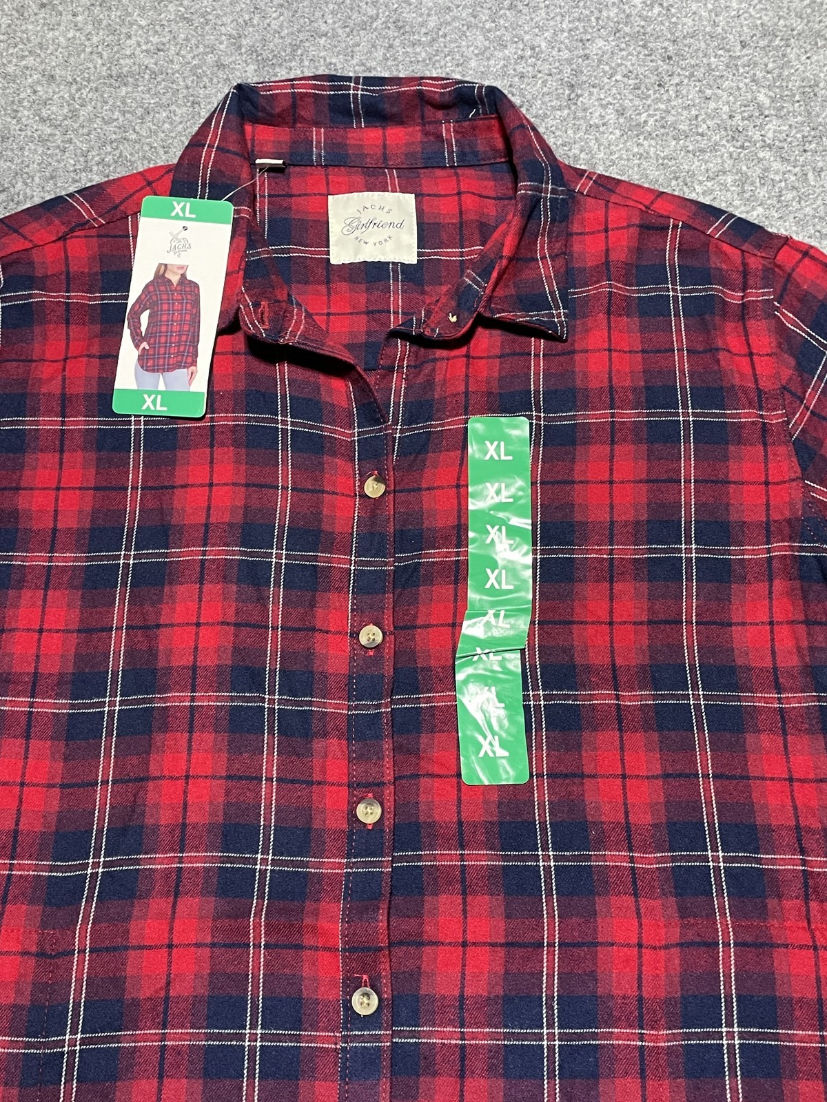 JACHS Girlfriend Women’s Red Navy Plaid Button Down Flannel Shirt Top XL New