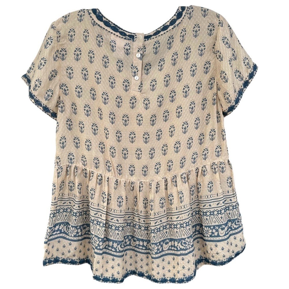 Sigrid Olsen Embroidered Modal Peplum Top Blue Cream Floral Boho Small NWOT