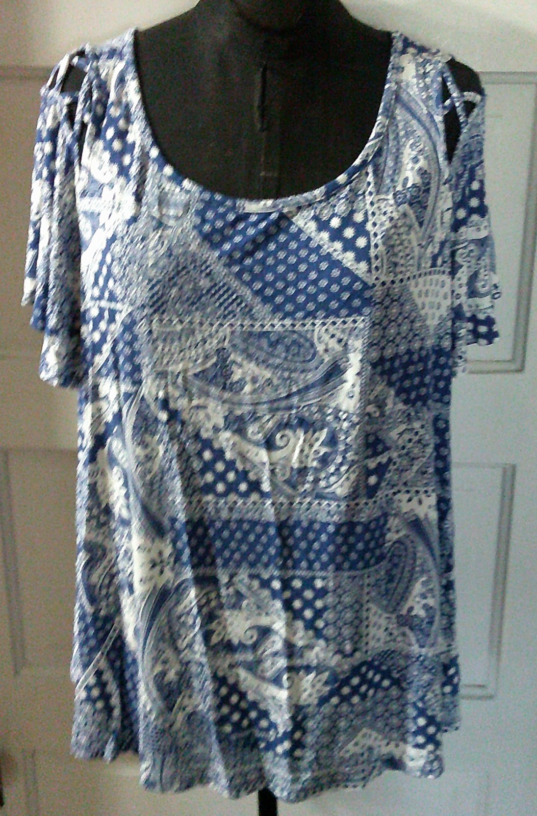 WESTPORT Blue Paisley Cold Shoulder SS BOHO Scoop Top Shirt Blouse XL