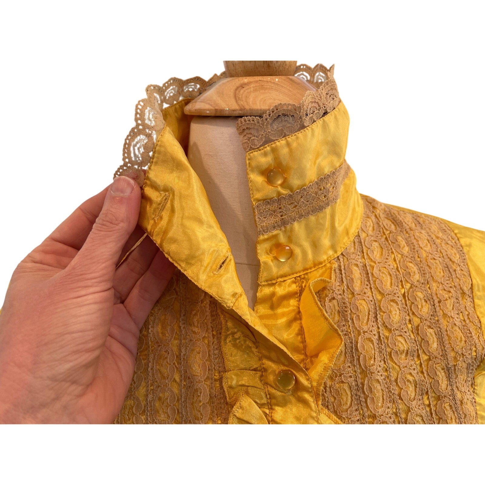 Vintage Galeno Gold Silk Short Sleeve Blouse, Lace, Ruffle, Belt / Tie, Size M
